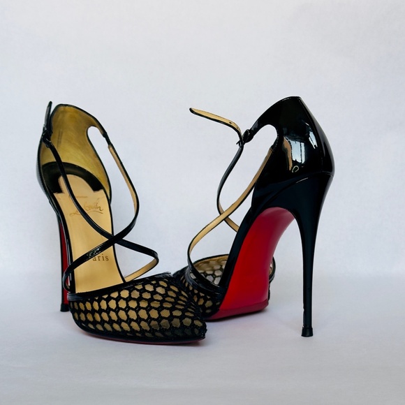 Christian Louboutin Shoes - CHRISTIAN LOUBOUTIN BLACK PATENT KNOT-CROSS BLAKE 120 PUMPS
